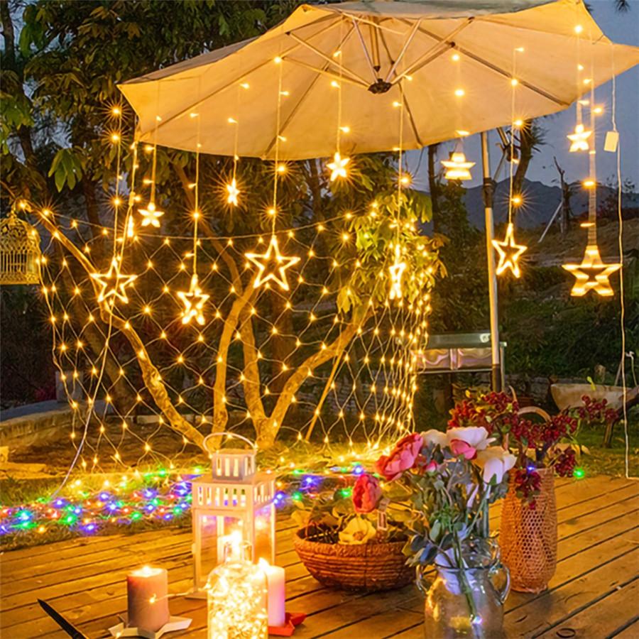 Solar Powered Star Moon LED String Lights Waterproof Garden Fairy Curtain Lights 8 Modes Wire Lamp For Wedding Christmas Decor