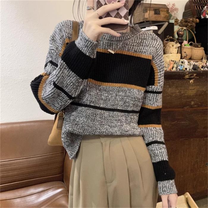 Autumn and winter new design striped short sweater women's thin meat covering soft waxy pullover knitted bottoming shirt
