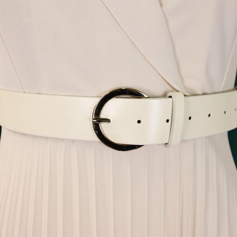 Women Elegant Color Block Turn Down Collar High Waist Pleated Office A Line Dress