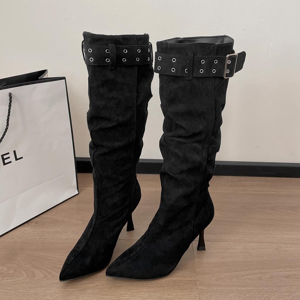 Vintage Black Stiletto Boots Children's Boots 2025 New Autumn with Skirt Maillard Pointed Knight Boots