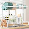 Sakugi Over-the-Sink Dish Drying Rack, Extendable (68-86cm Wide), Rustproof, Automatic Drainage, Multifunctional, with Knife and Cutting Board Stand,