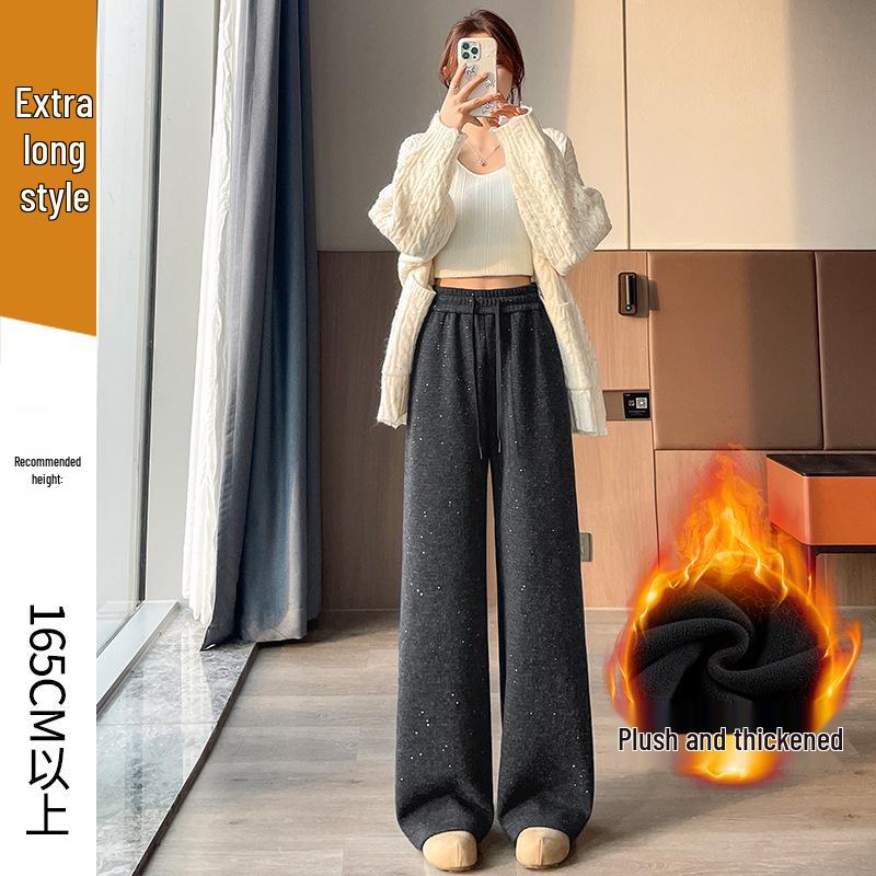 

Women s Gray Starry Sky Sequin Wide-Leg Cashmere Pants: Autumn/Winter, Plus Velvet, Warm, Versatile, Slimming Long Pants L