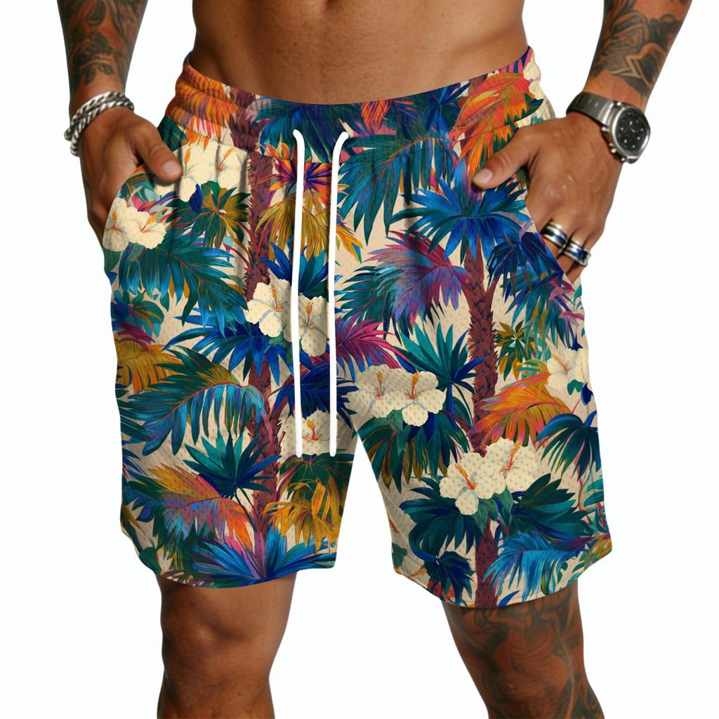 Men's Casual Drawstring Shorts Lightweight Quick Dry Five Point Pants Hawaiian Print Beachwear Summer Bottoms