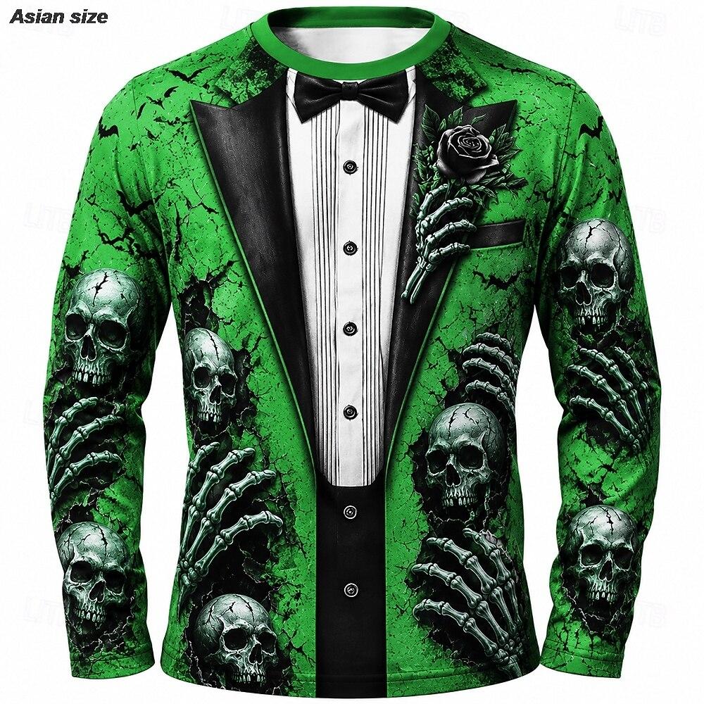 2026 Halloween Mannen Schedel Skelet T-shirt Lange Mouwen T-shirt 3D Print Ronde Hals Shirt Mode