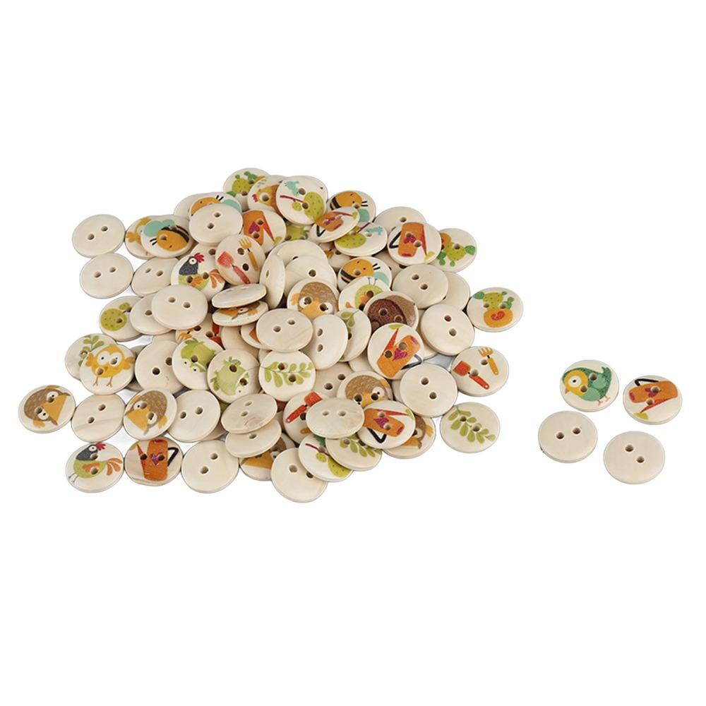 100pcs Mixed Color Decorative Wooden Buttons 2 Holes Mixed Printing Buttons DIY Projects