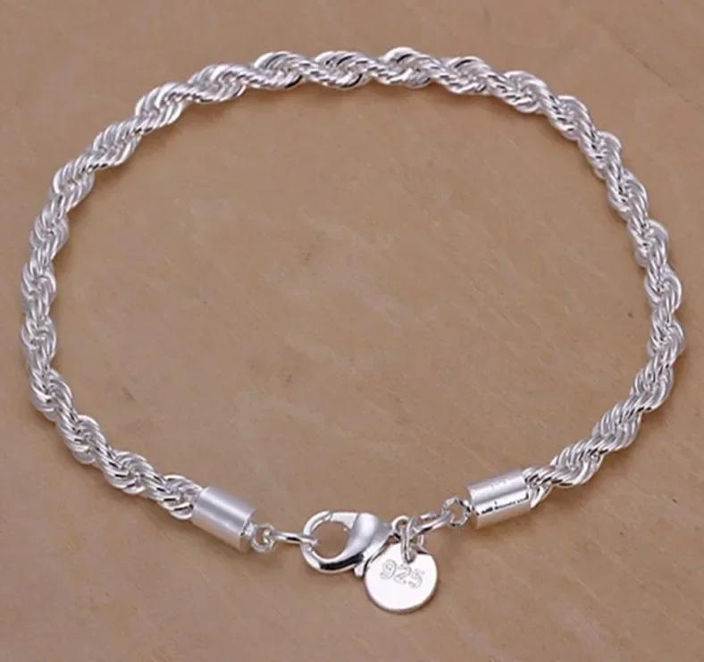

925 Silver 4MM Twisted Rope Bracelets For Women Men Fashion Minimalist Couple Chain Bracelet Male Unisex Jewelry Gifts серебряный