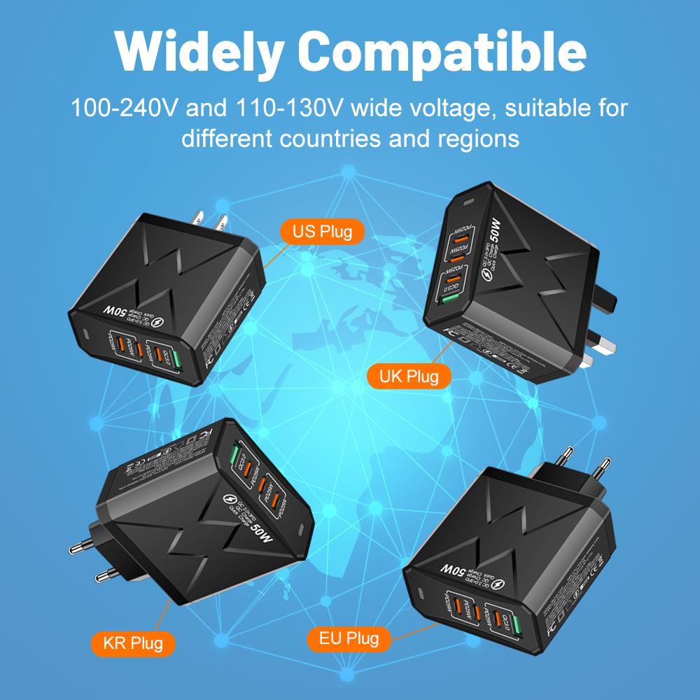 Multiport USB C PD Charger 50W Fast Charging Charger QC3.0 Quick Phone Adapter for iPhone Samsung Xiaomi Type C USB Wall Charger