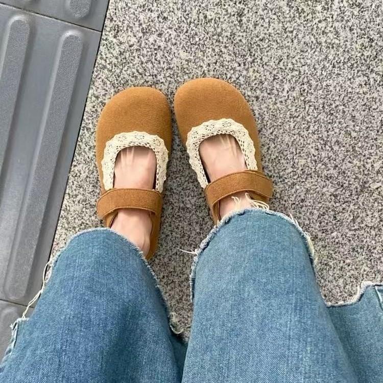 Flat-soled Single Shoes Women's 2025 Spring and Autumn New Mori Round Head Shallow Mouth Velcro Soft-soled Retro Mary Jane Doudou Shoes