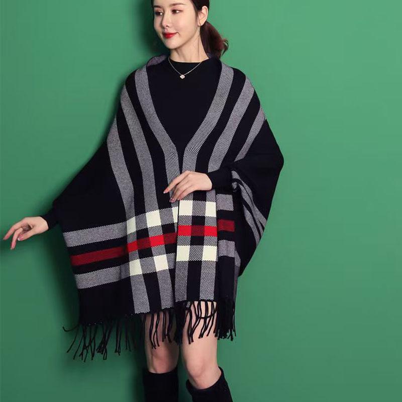 New Style with Sleeves Knitted Women Shawl Double-sided Cape Jacket Plaid Knit Thickened Warm and Skin Friendly Cardigan