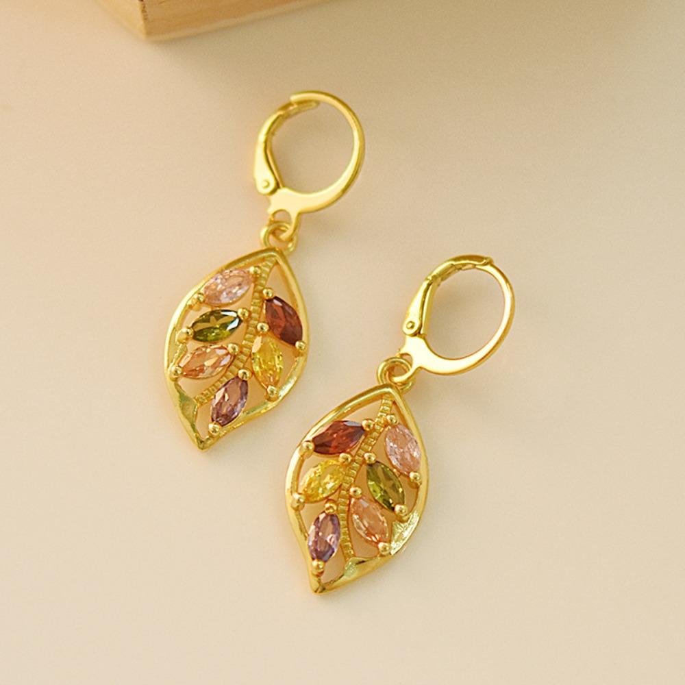 18k Gold Plated Leaf Earrings with Colorful Topaz Gemstones Elegant Dangle Earrings for Women
