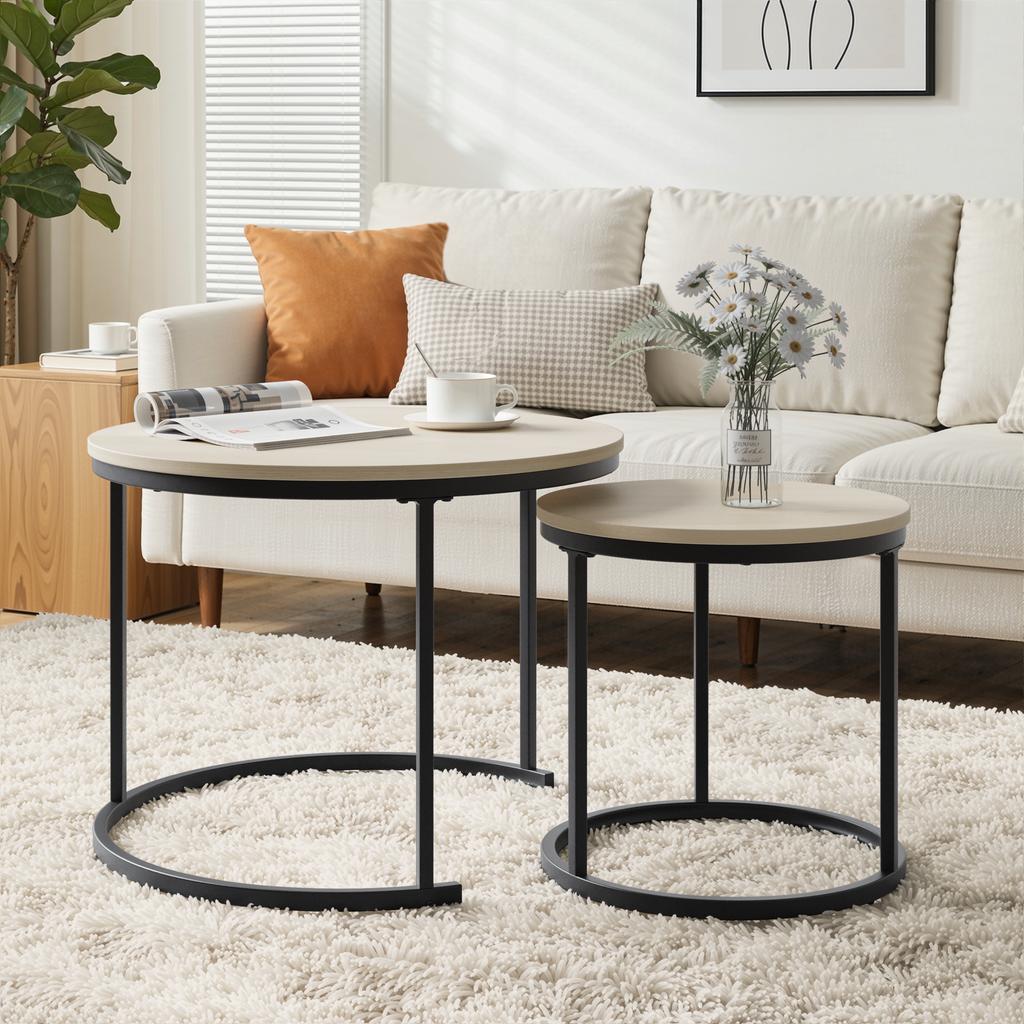 Two-Piece Nesting Coffee Table Set, Oak Veneer, Round with a Diameter of 60 cm, Metal Frame, Modern Style, Suitable for Living Room, Bedroom, Balcony.