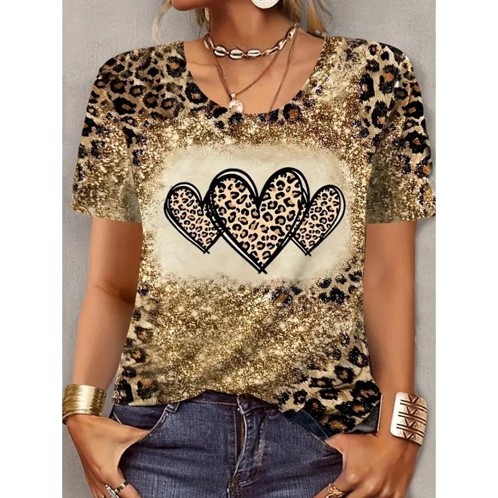3D Leopard Print and Lipstick Print Short-sleeved Top Summer Casual Everyday Women's T-shirt Urban Street Fashion Women's Y2K