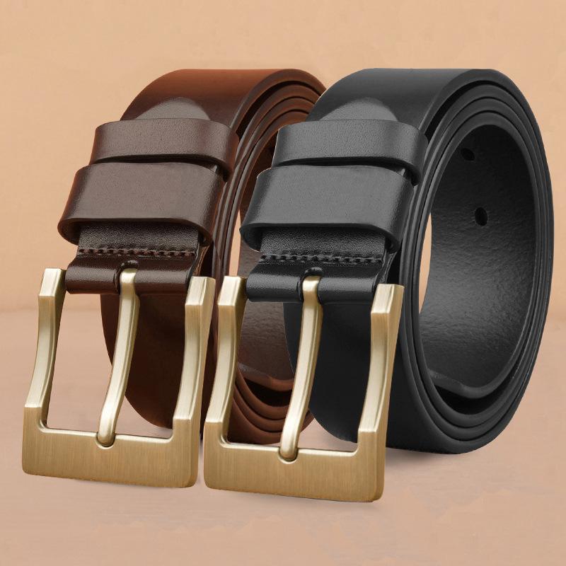 Men's Genuine Leather Pin Buckle Casual Middle-aged Trouser Belt Men's Trendy Alloy Buckle Retro Two-layer Cowhide Belt