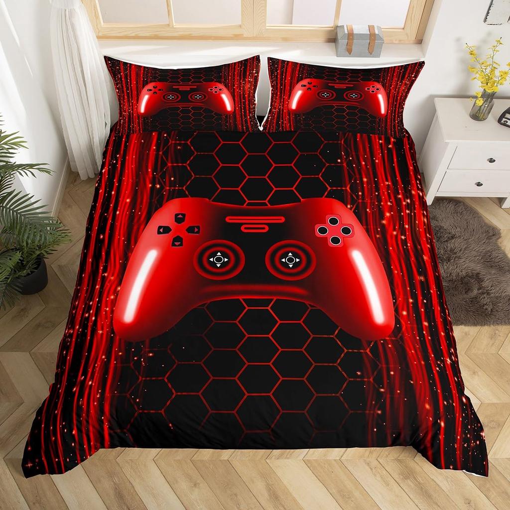 Comforter Gamer Bedding Set Gaming For Kids Teens Men Game Console Bed Set Geometry Stripes Honeycomb Hexagon Comforter