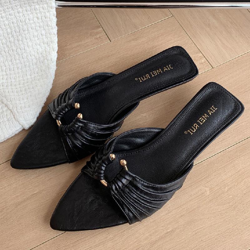 Fashion Pointed Toe Metal Decoration Pleated Women Sandals Summer Fashion Open Toe Thin Heel Slide Sandals Simple Comfort Designer Shoes