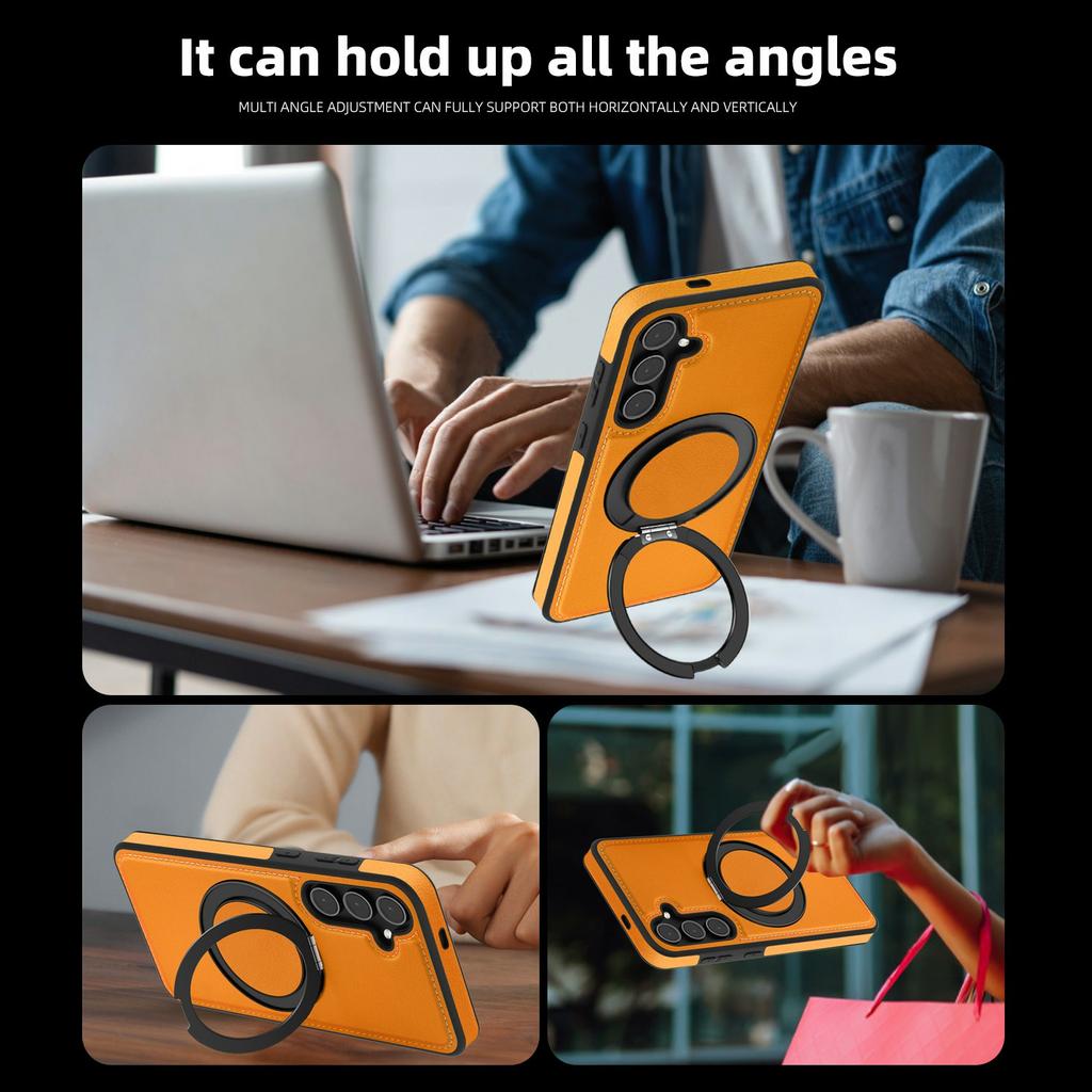 For Samsung Galaxy S25 Case with Ring Kickstand Magnetic Case PU Leather Back Cover