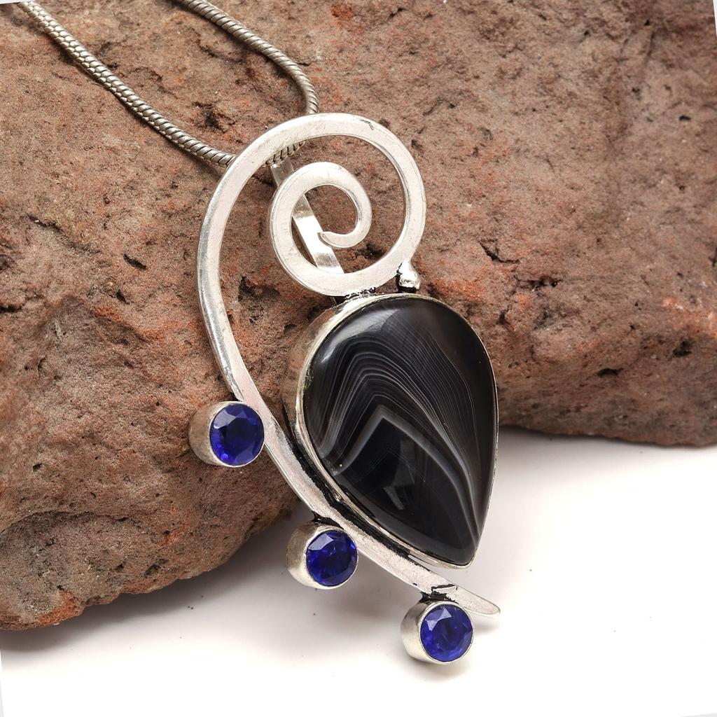 Gray Botswana Agate Tanzite  Mother's Day Silver Jewelry Pendant  2.25"