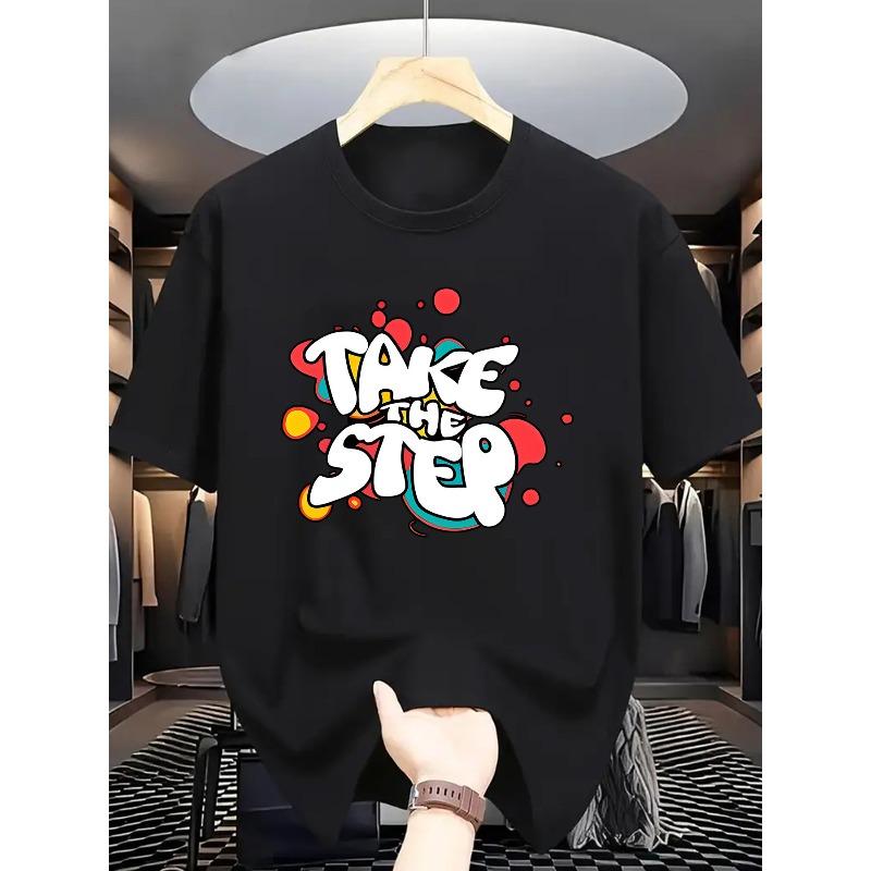 

European Size Men s Summer Fashion TAKE THE STEP Graphic T-Shirt - Casual Crew Neck, Short Sleeve, Cotton, Machine Washable, Vibrant Print Design 4XL чорний