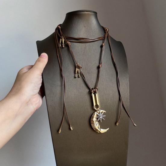 Moon Necklace for Women, Layered Crescent Moon Pendent Rope Choker Necklace, Boho Retro Adjustable Jewelry