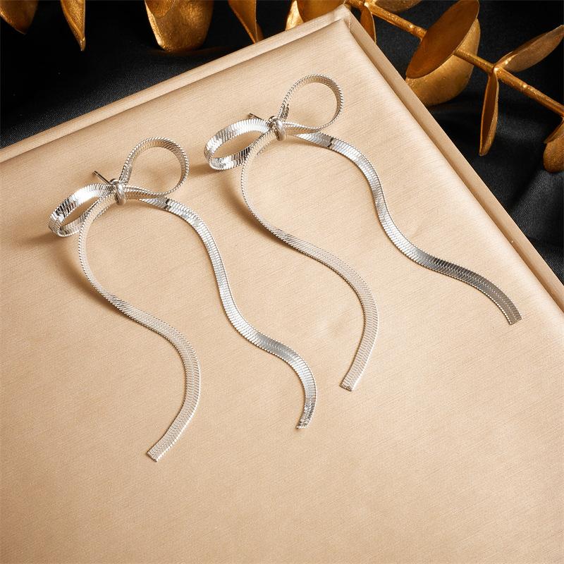Gold Snake Chain Bowknot Drop Earrings серебряный