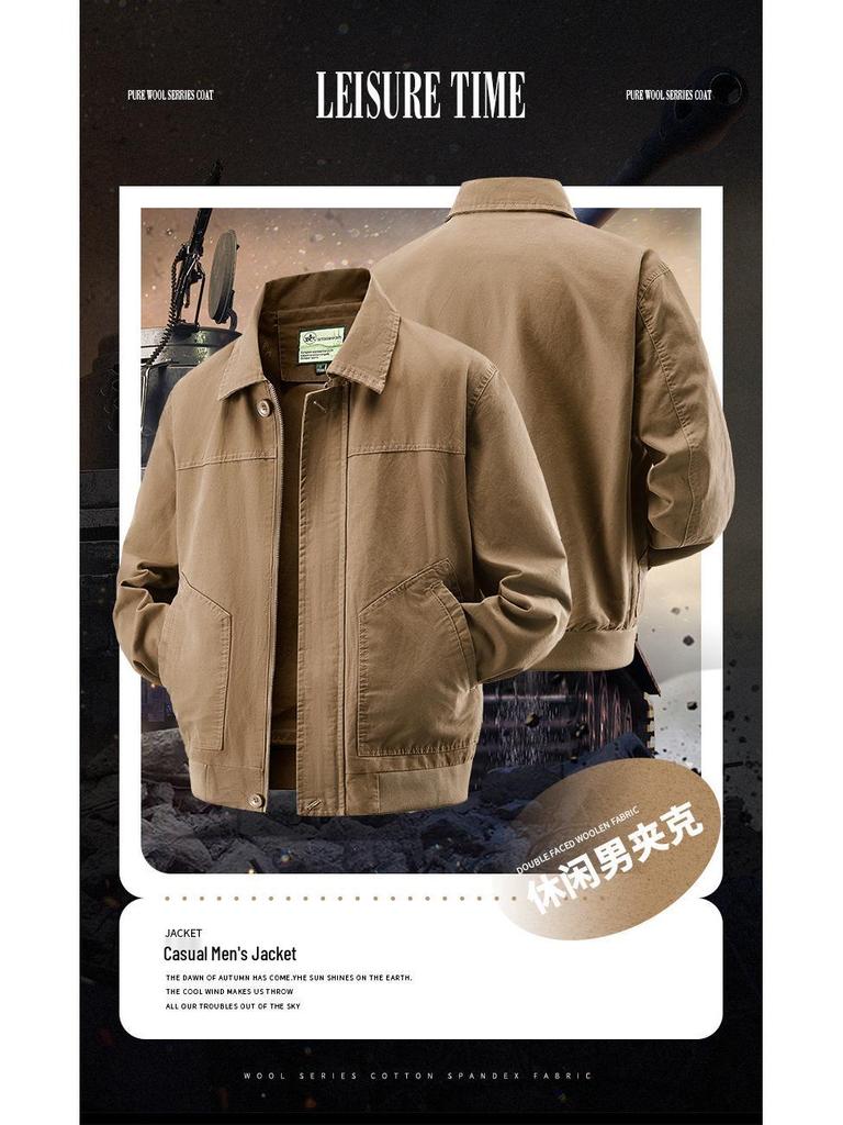 Męska Kurtka Pilotka z Pranego Bawełny z Kołnierzem Baseballowym - Odzież Wierzchnia Stylu Wojskowego na Wiosnę/Jesień