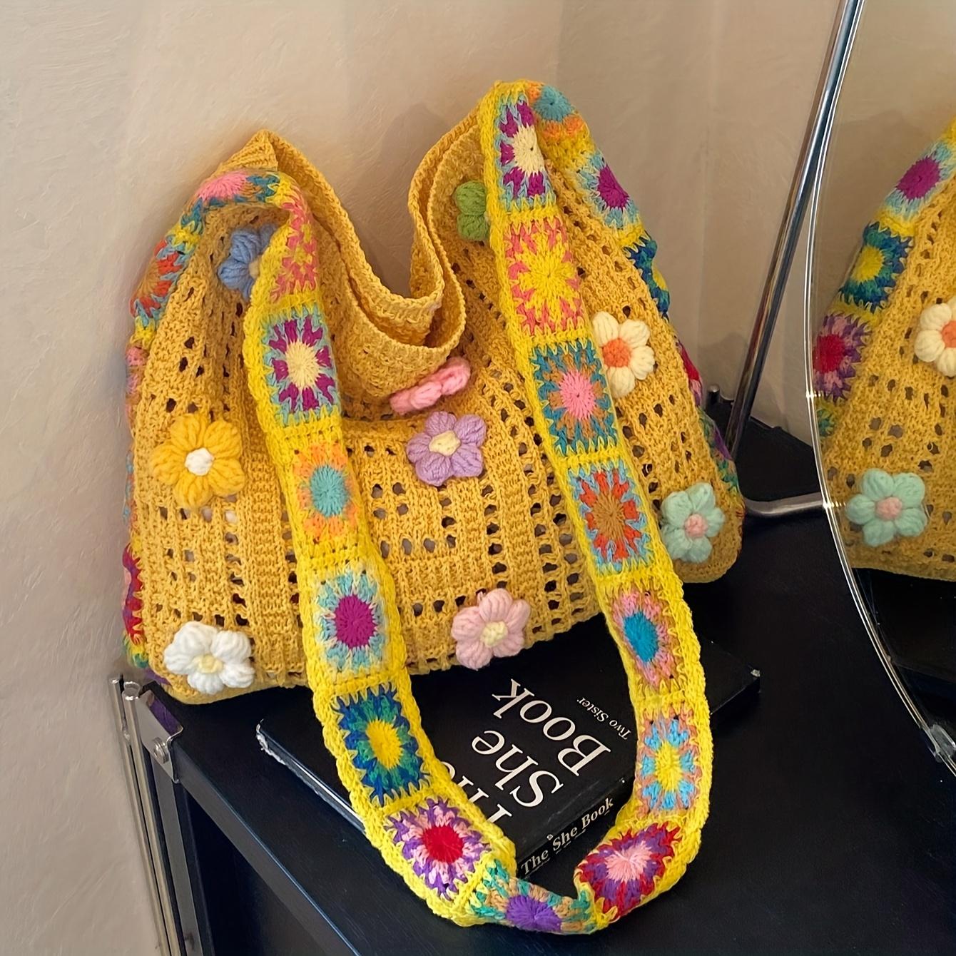 

1 шт. Богемная винтажная вязаная крючком сумка кроссбоди с цветочными узорами, бежевая ткань, дизайн без застежки, регулируемый ремешок, только ручная стирка жёлтый