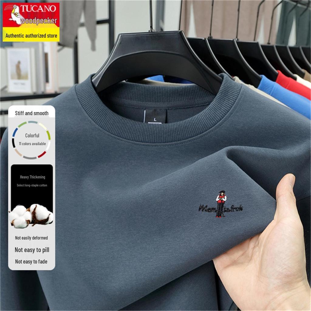 Men's Thickened Velvet Woodpecker Hoodie - Long Sleeve, Round Neck, Solid Color Cotton T-Shirt for Autumn/Winter