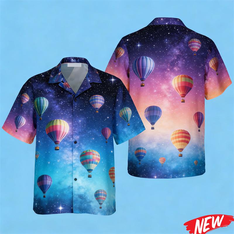 Camisa Hawaiana Gráfica de Globo Aerostático para Hombres Mujeres Verano Playa Vacaciones Camisas Moda Calle Solapa Manga Corta Camisa Tops