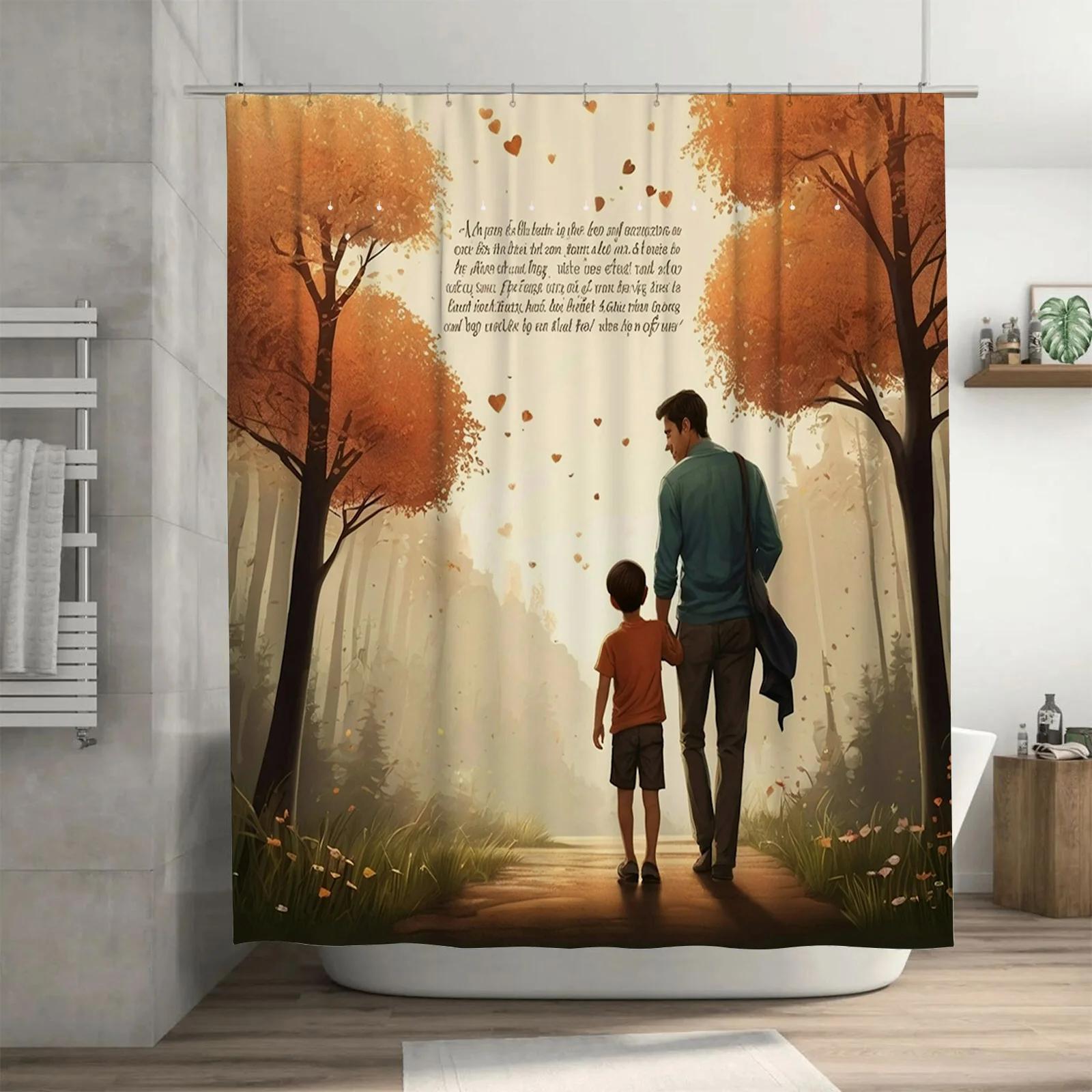 

Heartfelt Father And Son Shower Curtain - Waterproof, Mildew-Resistant, Machine Washable For Emotional Bathroom Decor W60H190(CM)-1 Pcs