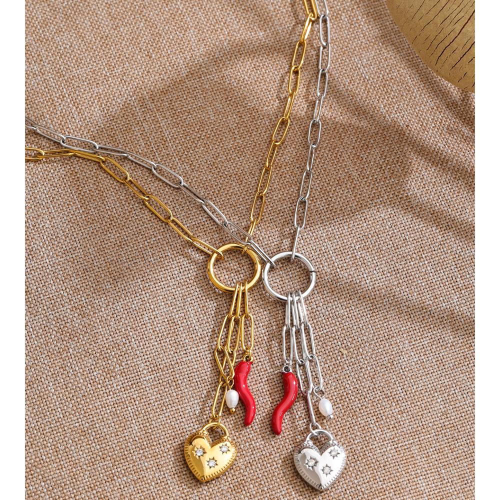 Eetit New Style Natural Pearl Zirconia Heart Chili Drop Chain Charm Necklace Stainless Steel Fashion Waterproof Pendant Jewelry