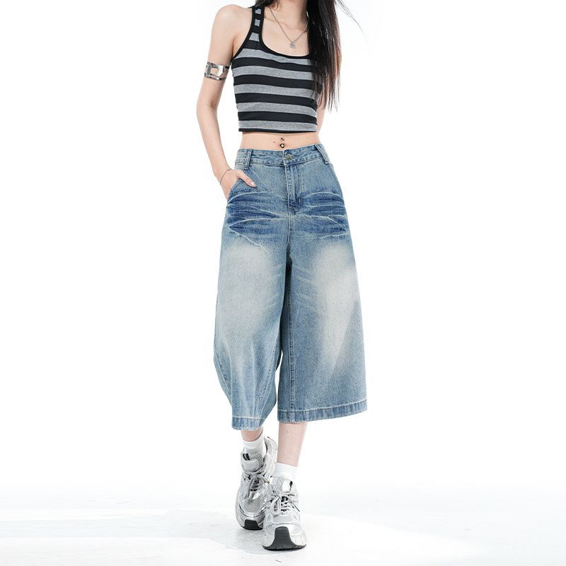 Trendige Sommer Lockere Weite Beine Verkürzte Capri Jeanshosen Für Damen Vielseitig Lockere Gerade Schlankmachende AllMatch Lässige Hosen