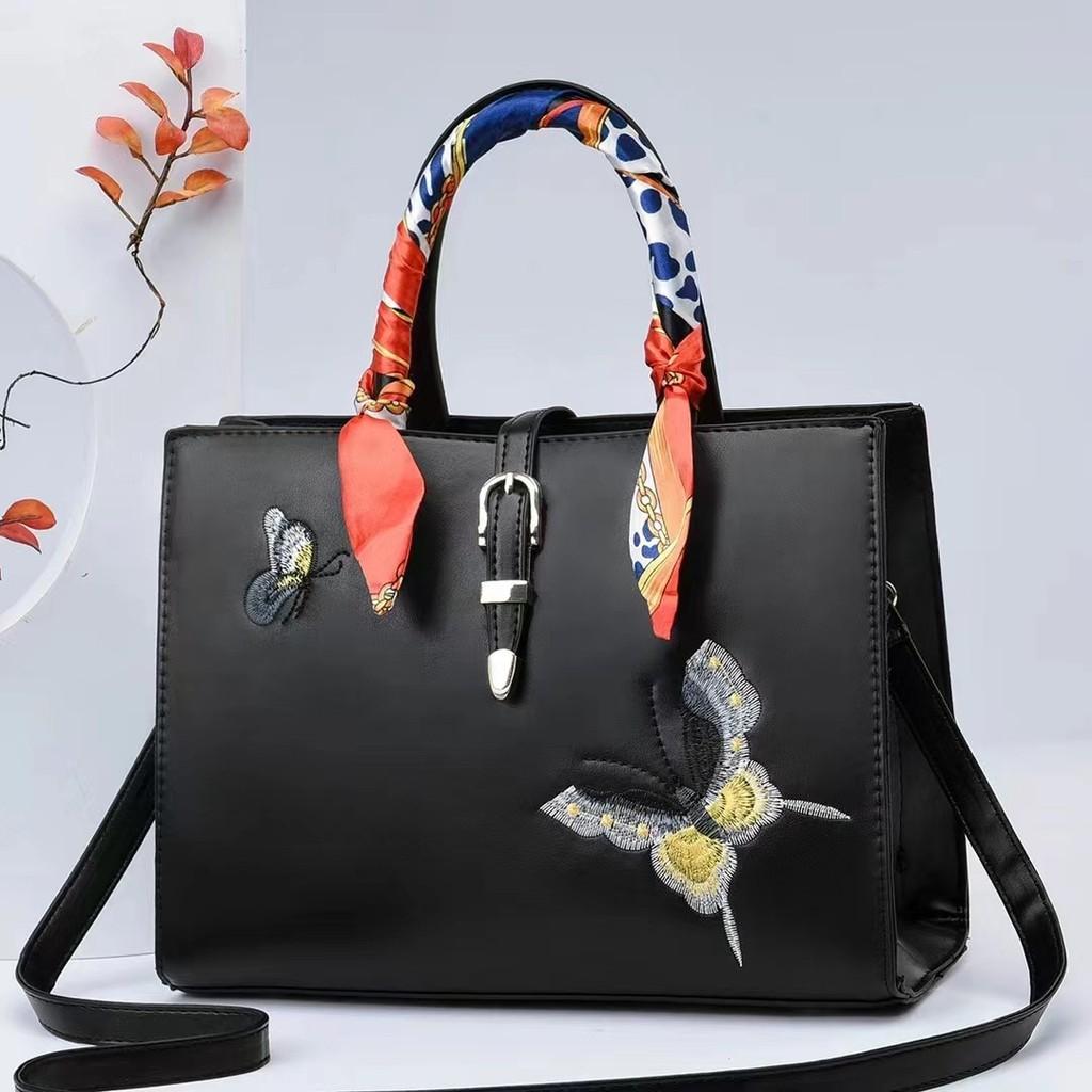 Черная Вышитая Сумка-Тоут Элегантная Большая Вместимость Для Женщин Стильного Дизайна чёрный