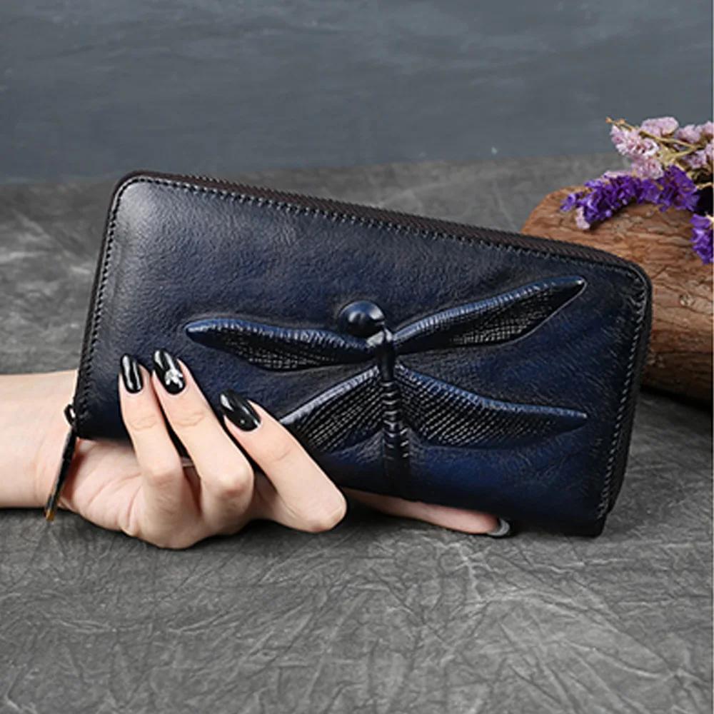 Portafoglio Lungo da Donna Portamonete con Zip Vera Pelle Porta Documenti/Carte di Credito Contanti Design Libellula Retrò Borsa Portadeni in Pelle di Mucca da Donna