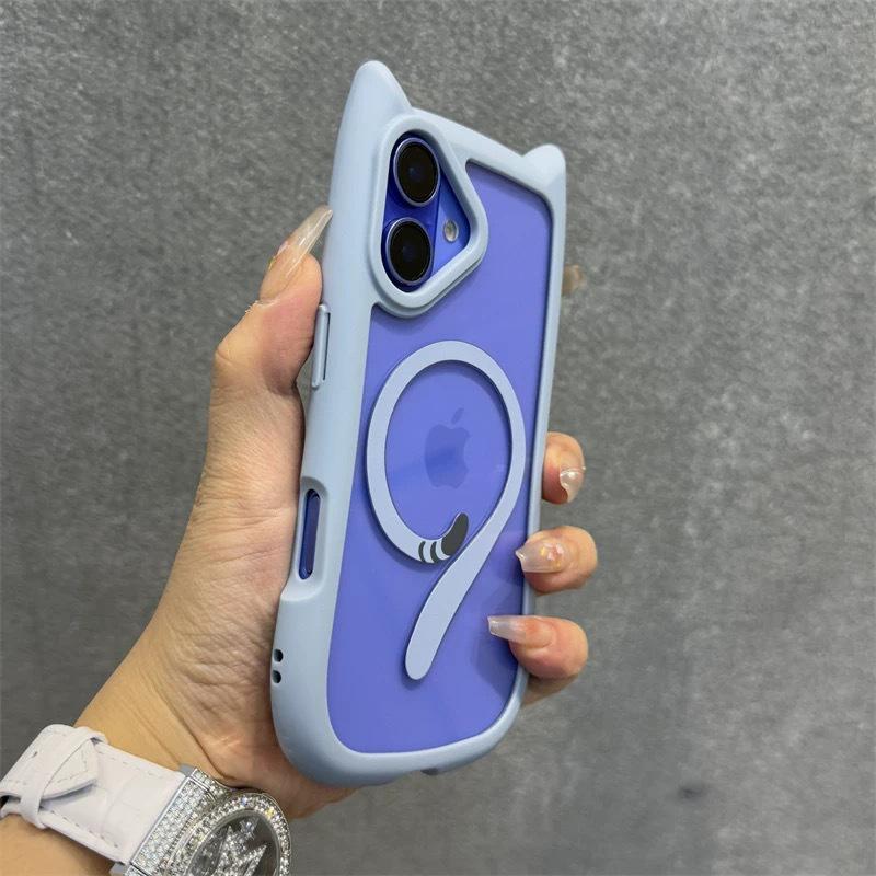 Pink Cat Ears iPhone 16/16 Pro Max Case with Magnetic Cat Tail, Transparent