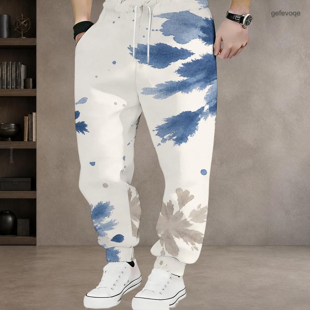 Men S Plus Size Abstract Leaf Geometric Printed Drawstring Waist Jogger Pants Side Pockets Cuffed Ankle