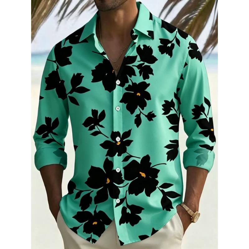 Herrenbluse mit Blumenprint, langen Ärmeln und Kragen für Urlaub und Freizeit, Strandreise-Trend, Herrenbekleidung