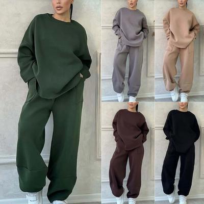 Damski Zestaw Bluzy Plus Size Jesień/Zima Jednolity Kolor Bluza z Okrągłym Dekoltem Spodnie Dresowe Zestaw Dwuczęściowy Casualowy Strój Sportowy