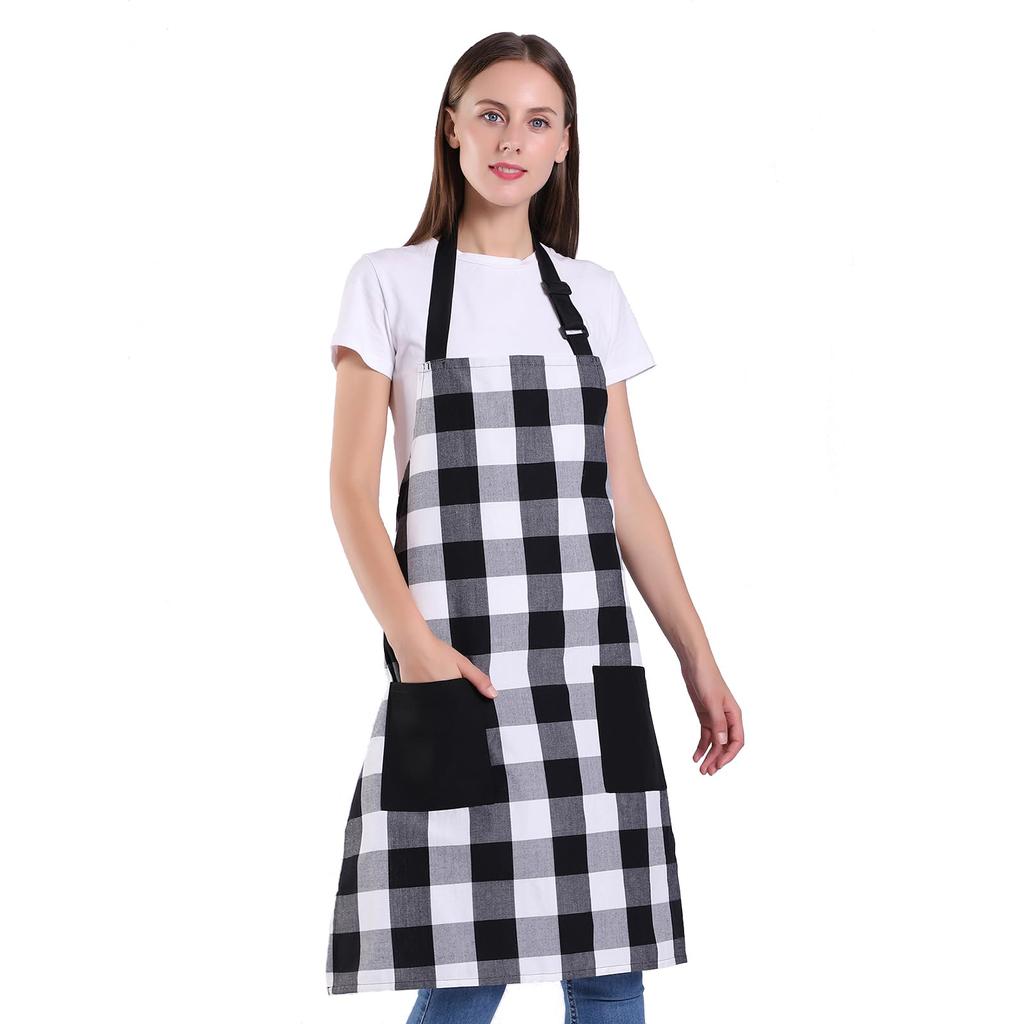 Ladies Cute Ladies Cotton Apron with Adjustable Neck Cute Apron for Kitchen Home Bakery and White [GOENJOYSELF] Apron, Strap, Cooking, (Black Grid)
