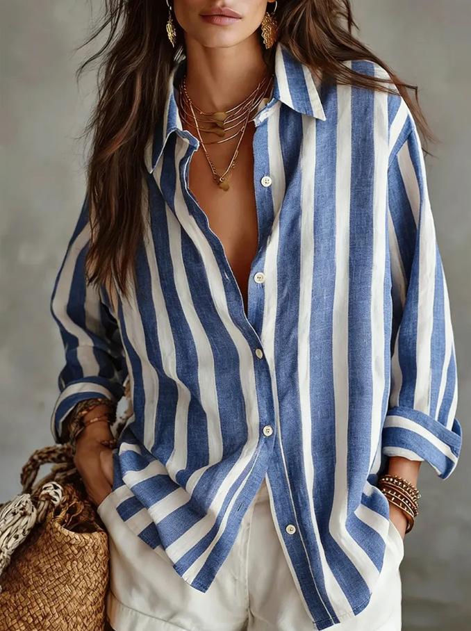 Amazon European and American cross-border women's clothing striped printing temperament commuting lazy style casual loose lapel long-sleeved shirt