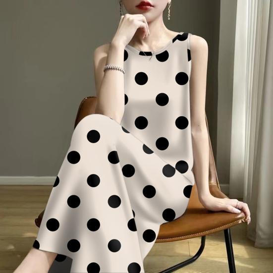 Summer Polka Dots Tank Dress for Women Casual Crew Neck Beach Vacation Sundress Loose Sleeveless Midi Dress