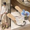 Women's Flowers High Heels Flip Flops Sandals Ladies 2025 Summer New Sandals Open-toed Square Thin Strap Sexy Slippers