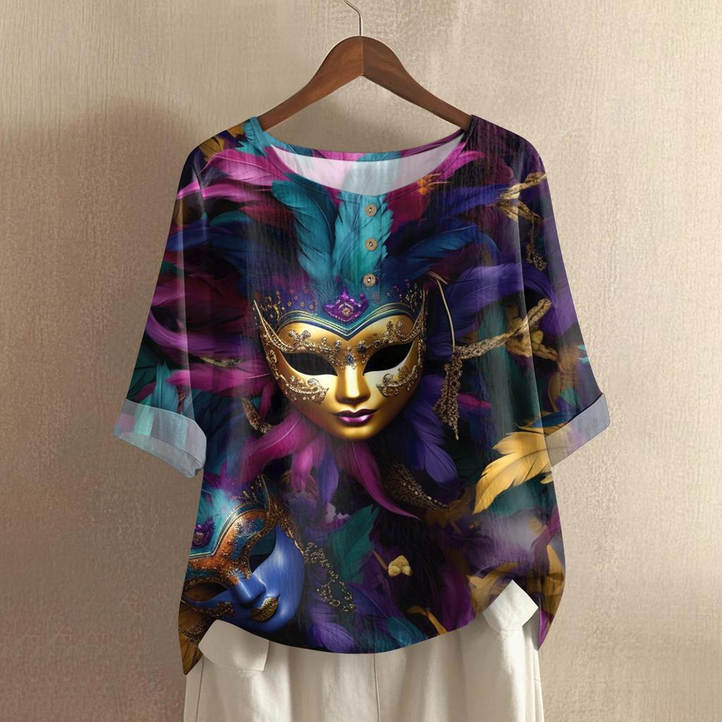 Women's Fashionable And Casual Shirt 3/4 Sleeve Round Neck Print Blouse Top
