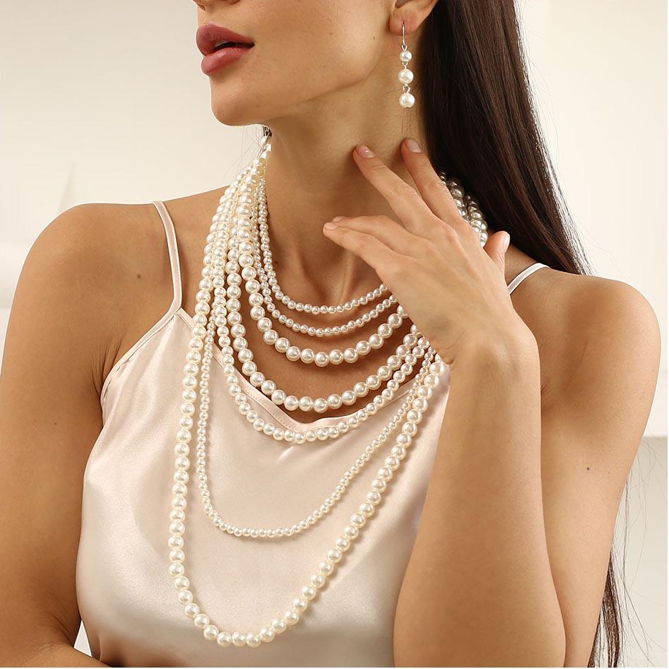 Exaggerated Multi-Layer Pearl Clavicle Necklace for Women (6410)
