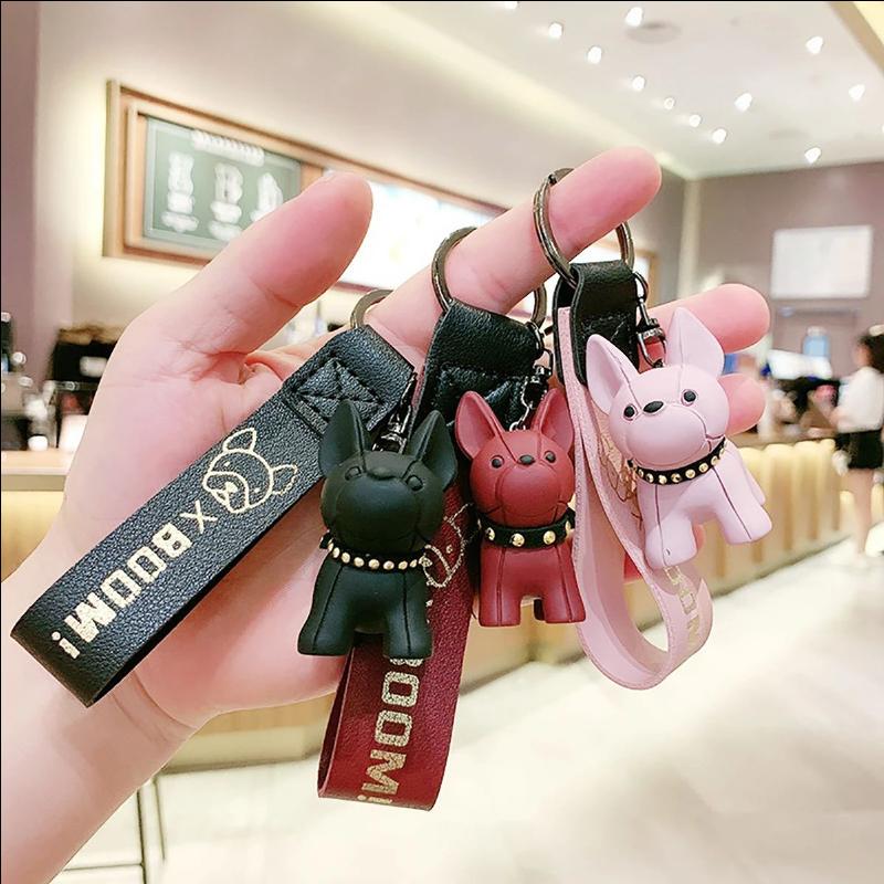 Fashion Punk French Bulldog Keychain Pu Leather Dog Keychains For Women Bag Pendant Jewelry Trinket Men'S Car Key Ring Key Chain