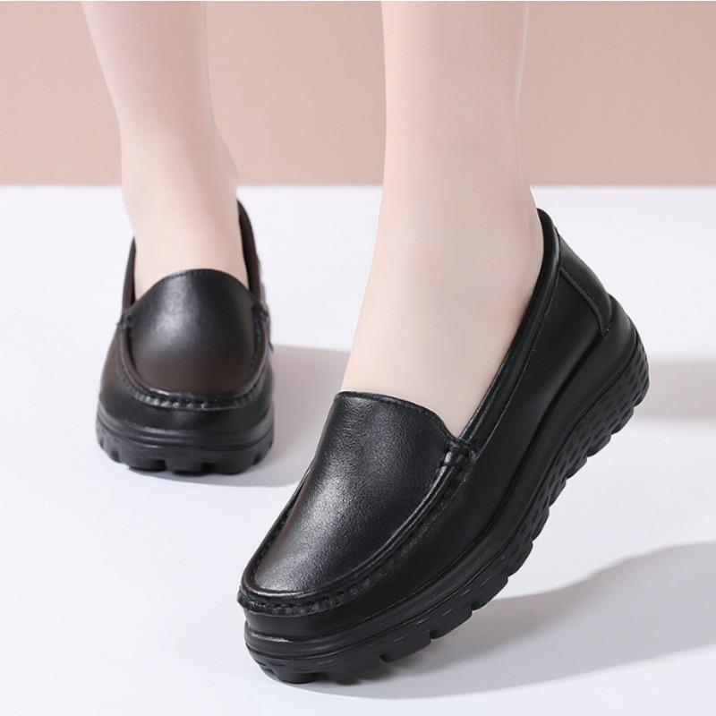 Women Genuine Leather Flat Shoes Casual White Wedge Heel Soft Sole Non Slip Caring Comfortable Mother Nurse Work Shoes