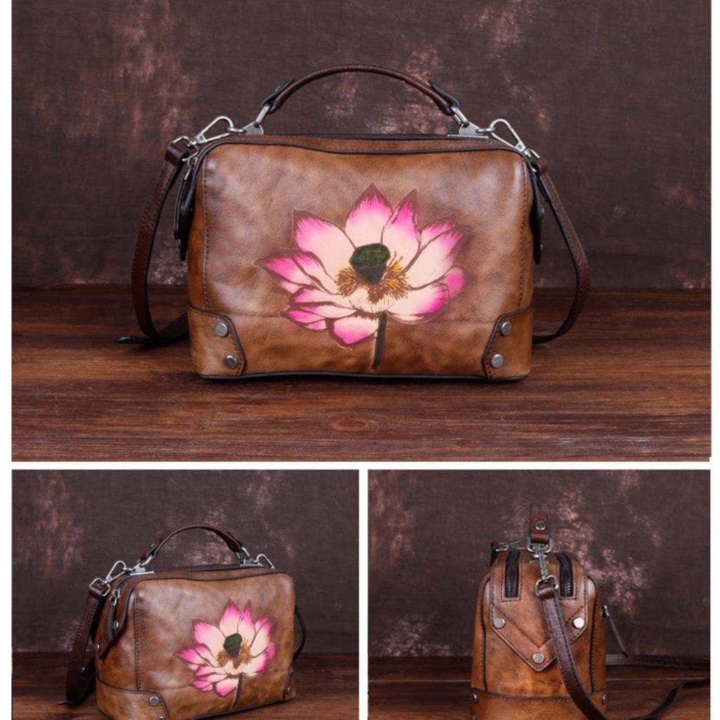 Vintage Leather Female Baotou Layer Cowhide Printed Handbag Texture Handmade Lotus Pillow Bag