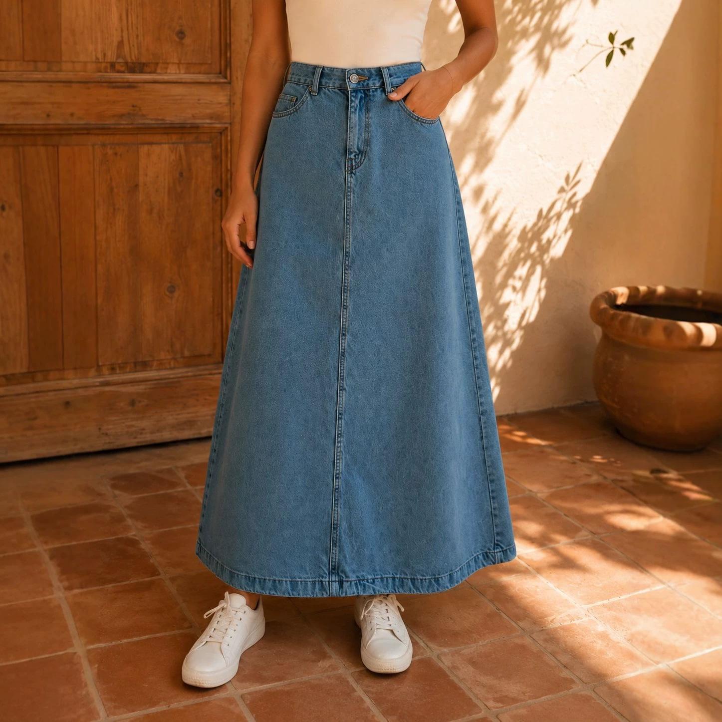 Denim Skirt for Women Retro High Waisted Button Fly Flared Jean Skirts Pleated Flowy Swing A-line Denim Maxi Skirts Womens Casual Vintage Denim Skirts S