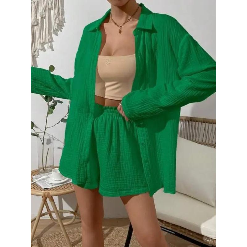 Women's Spring Summer Fashion Solid Color Long Sleeve Shirt Set Casual Loose Shorts Two-Piece Set