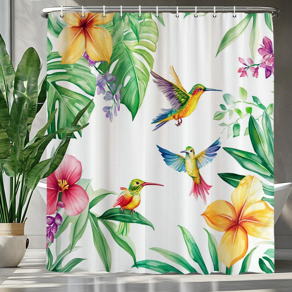 Tropical Green Plants And Flowers Birds Shower Curtain, Bathroom Decorative Shower Curtain, Printing Shower Curtain With Hooks