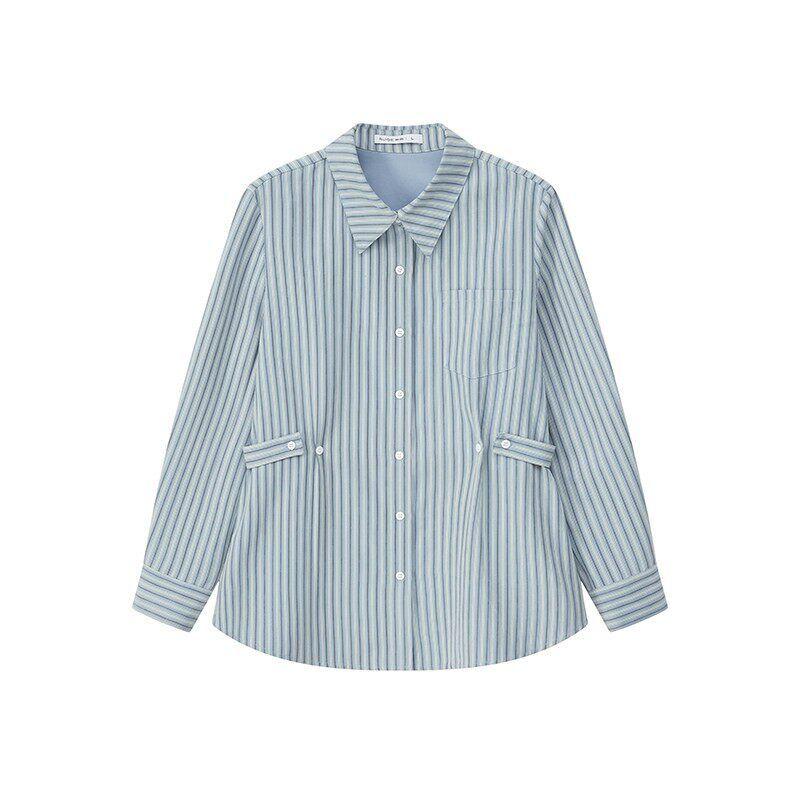 

Rui Ge Plus Size Women s Vintage Suit Vest 2026 Spring New Shirt Top for Slightly Chubby Women Coat Blue and Gray Striped Shirt (Ready in Stock) L